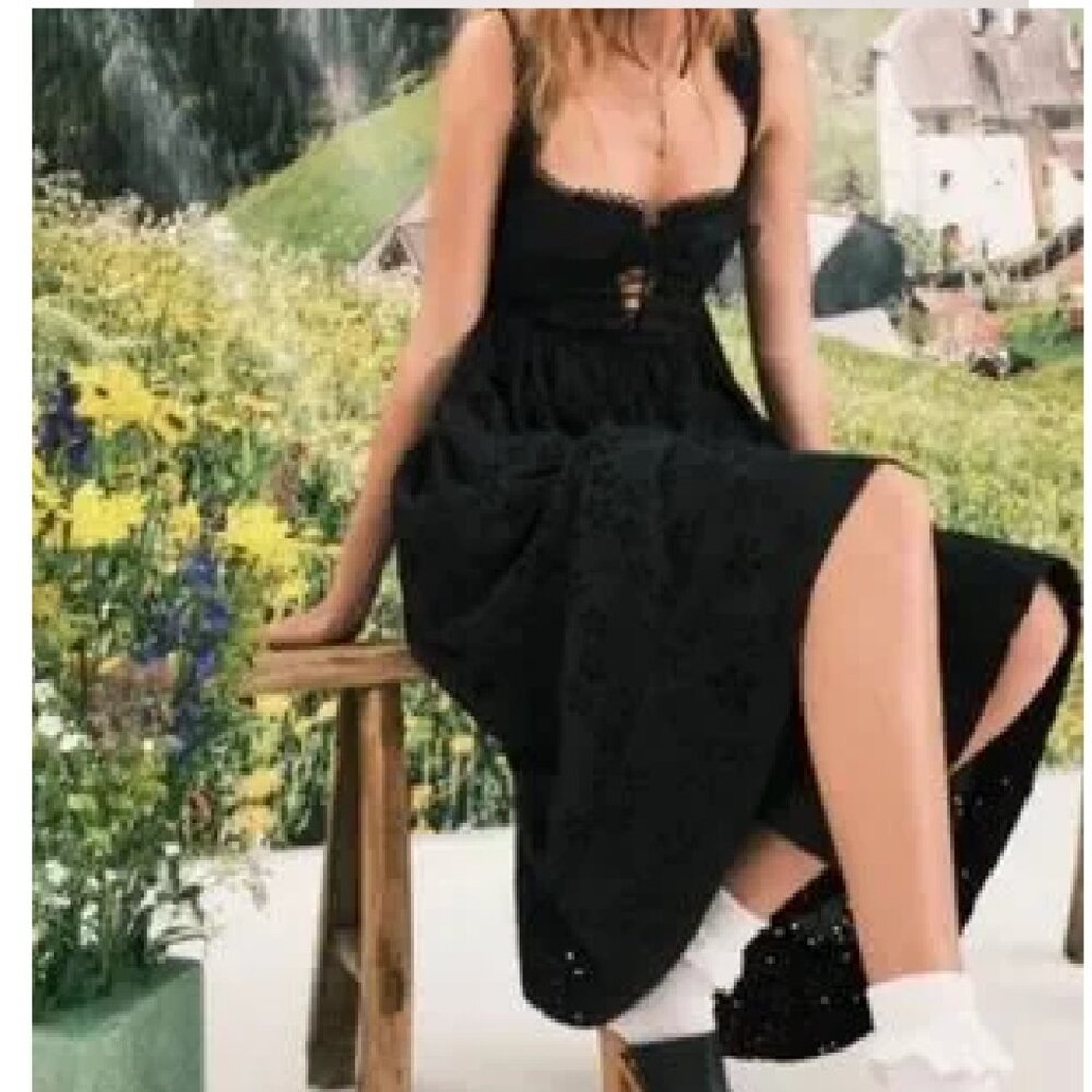 NEW FOR LOVE AND LEMONS NICOLA BLACK EYELET MIDI DRESS SIZE XS - Picture 2 of 13